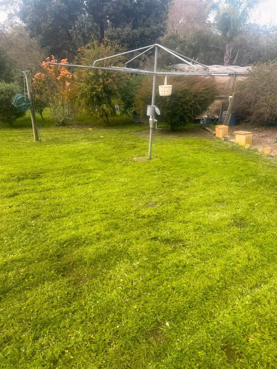 Backyard lawn freshly mowed around a clothesline in Carrickalinga