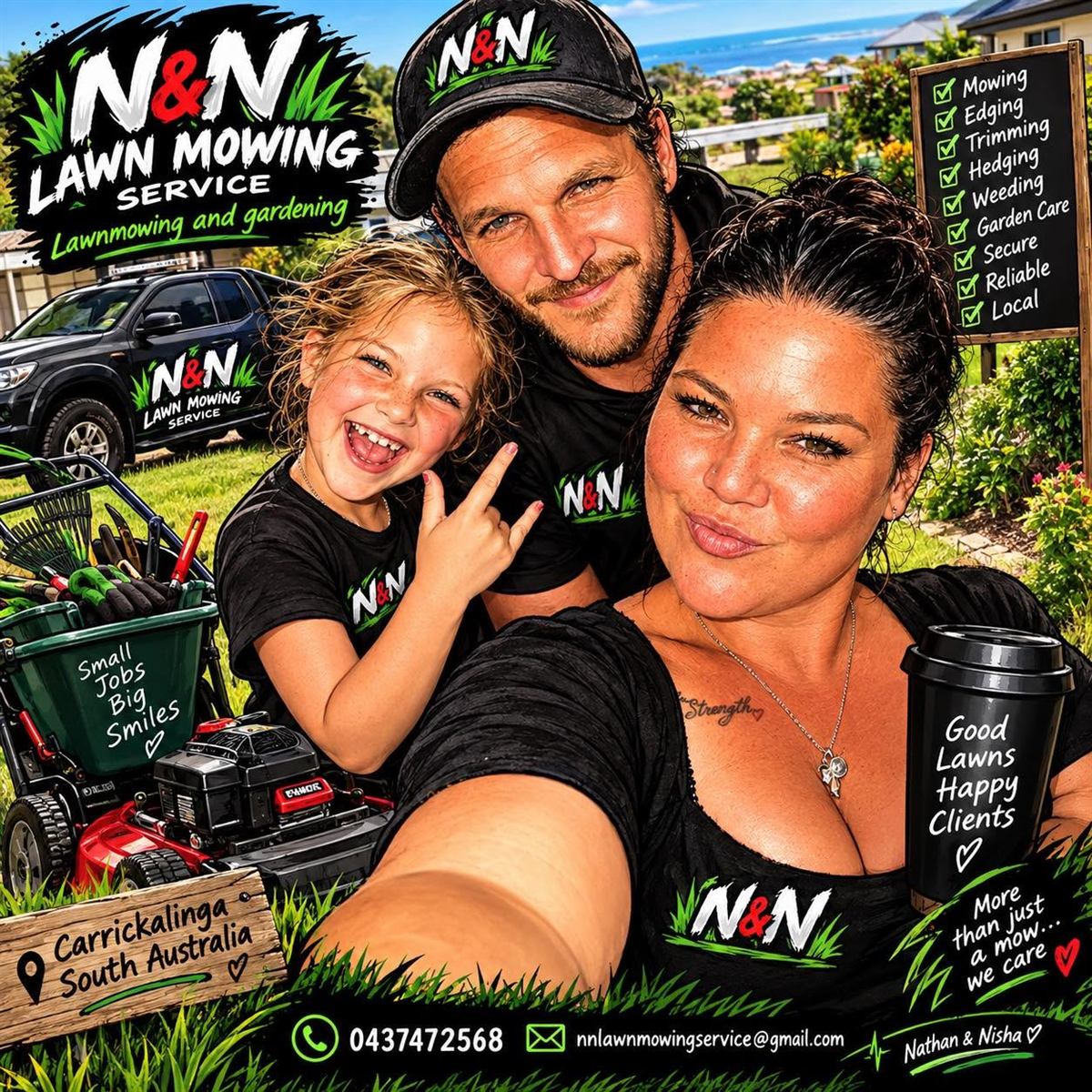 Nathan and Nisha from N&N Lawn Mowing Service with their daughter